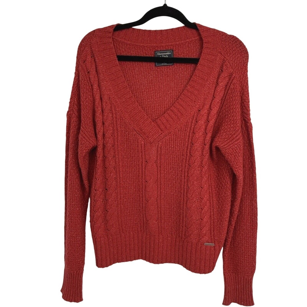 Abercrombie & Fitch Red Cable Knit V-Neck Sweater Womens Medium Long Sleeve